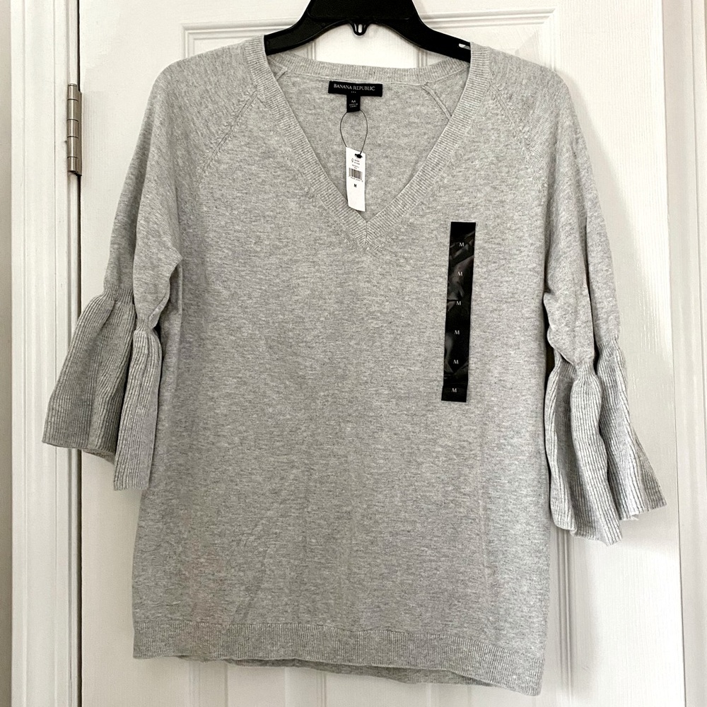 Banana Republic Factory V-Neck Grey Sweater with Frill Sleeves